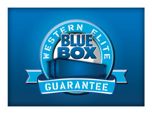 blue box guarantee for customer service with blue background