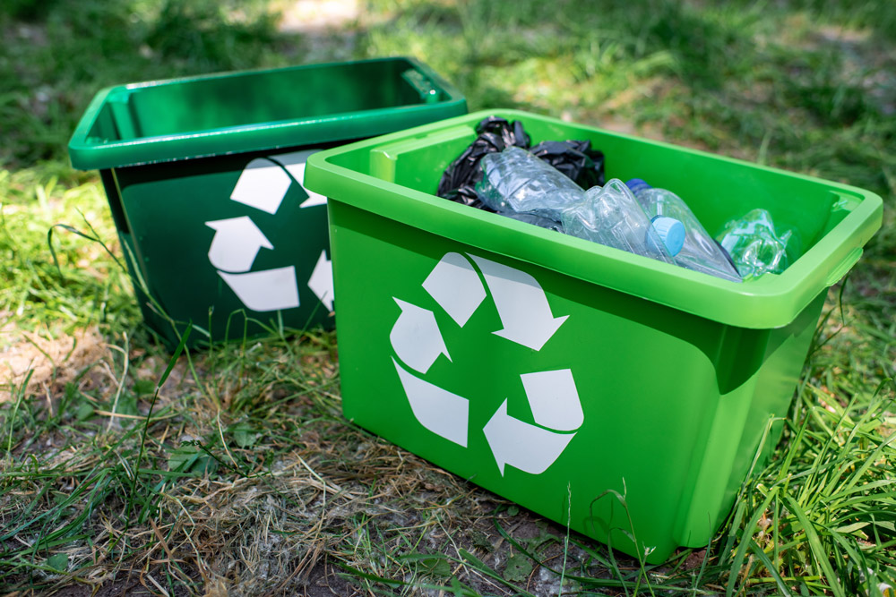 Green recycling buckets with plastic bottles inside.