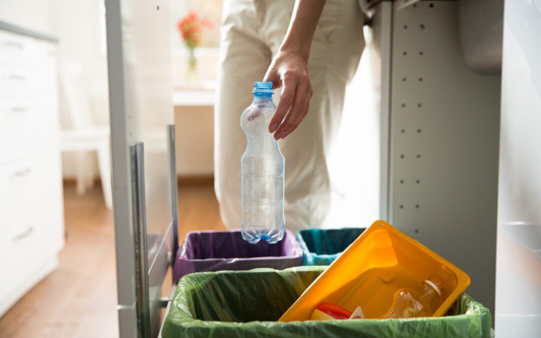 woman throws plastic bottle in home recycle bin