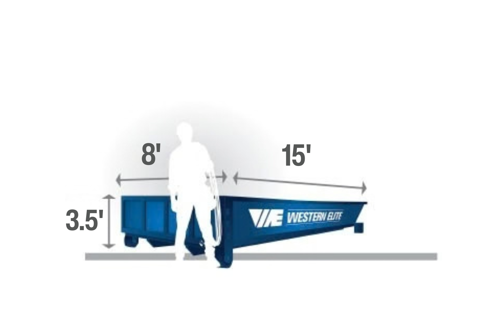 Western Elite lowboy roll-off dumpster for clean concrete and masonry — 15 ft long, 8 ft wide, 3.5 ft tall